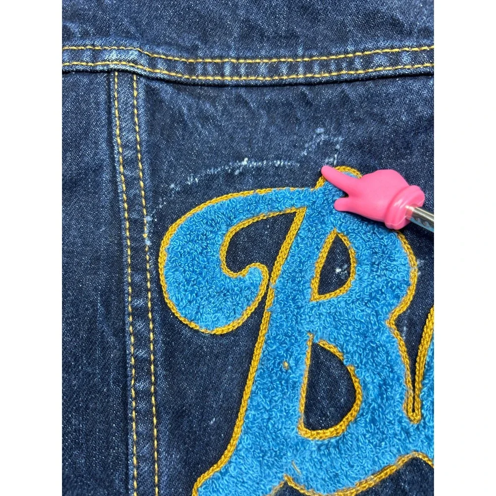 Levi Strauss Denim Trucker Jacket Buck Yeah Embroidery Blue Size Small Mens